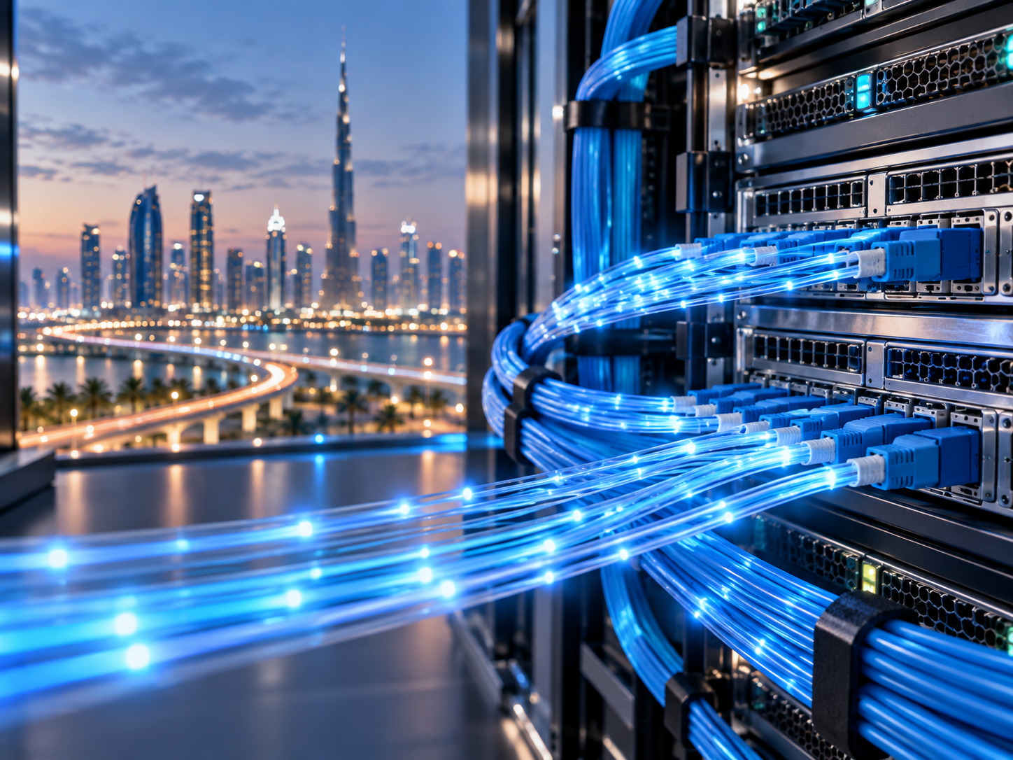 Illuminated blue fiber connections in server racks overlooking Dubai
