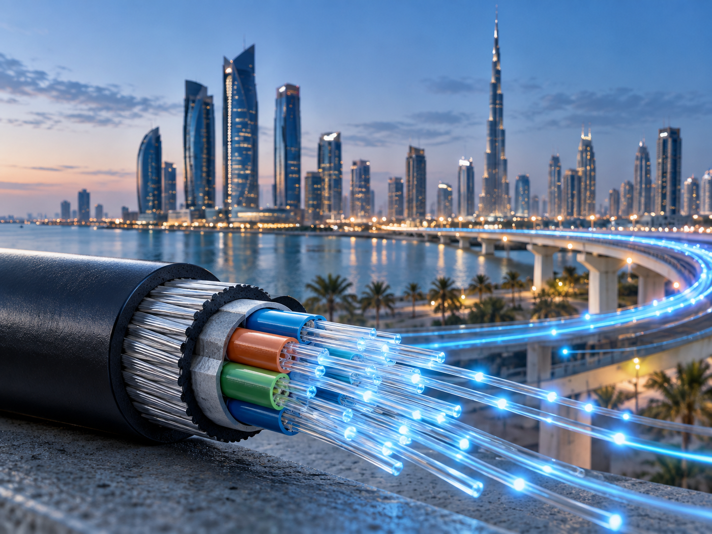 Fiber-optic cable cutaway with illuminated strands connecting a UAE cityscape