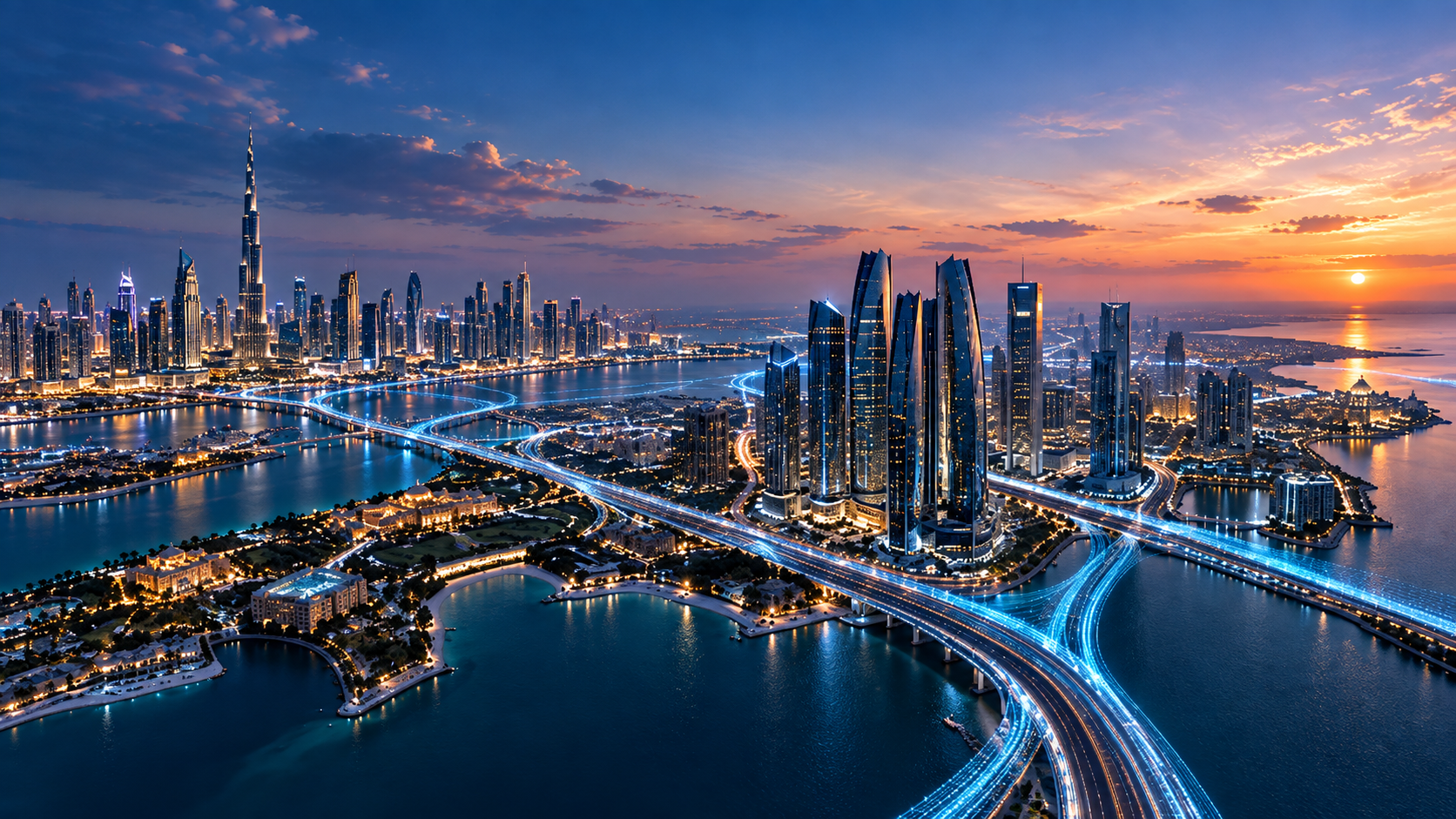 Connected Dubai and Abu Dhabi cityscape with illuminated infrastructure — conceptual visualization