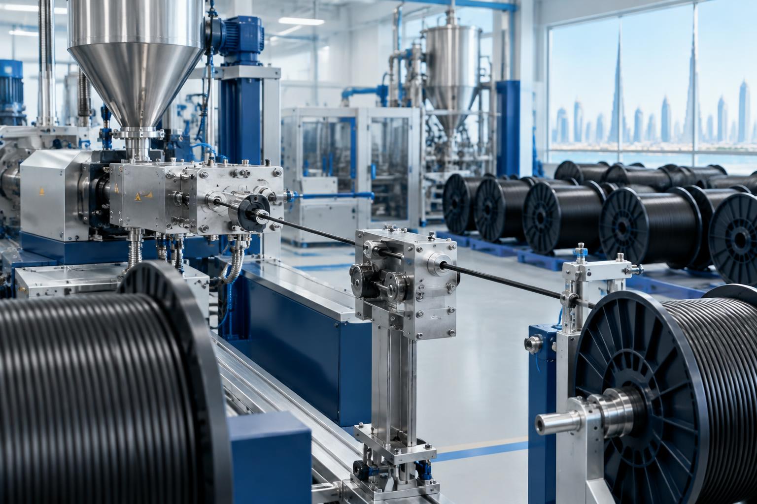 Conceptual fiber-optic manufacturing equipment and cable reels