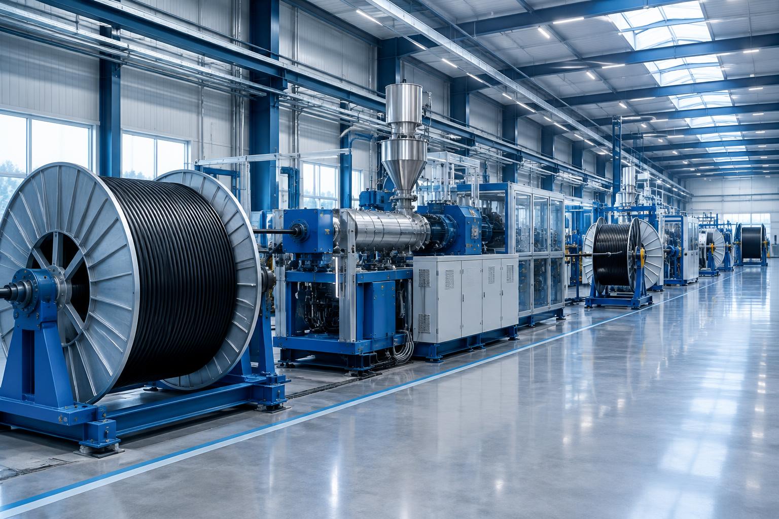 Conceptual fiber-optic manufacturing equipment and cable reels