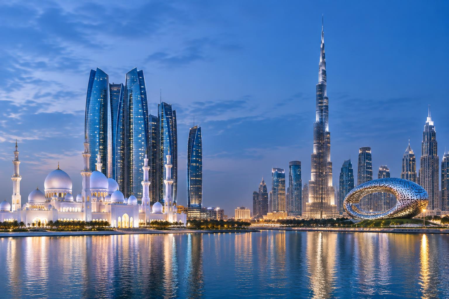 Conceptual UAE waterfront blending Abu Dhabi’s Sheikh Zayed Grand Mosque and Etihad Towers with Dubai’s Burj Khalifa and Museum of the Future