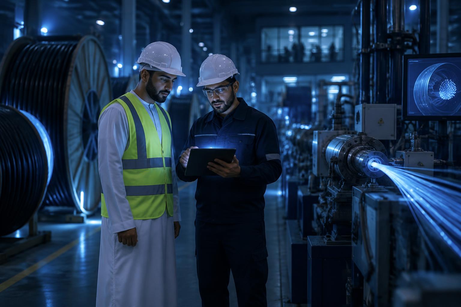 Engineers examining a glowing fiber-optic bundle in a cable facility — conceptual visualization